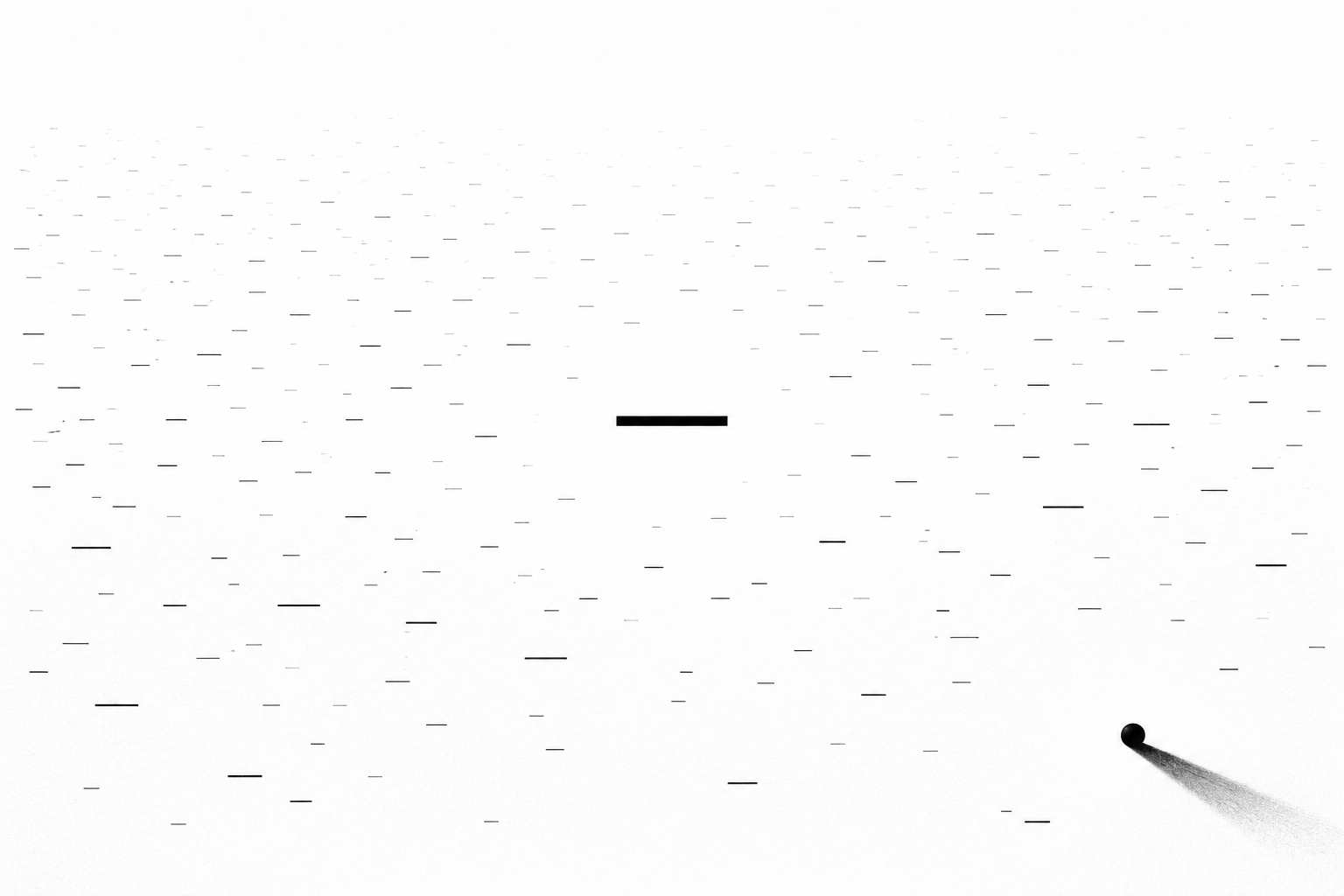 Sparse field of dash marks with a single bold dash and a lone figure